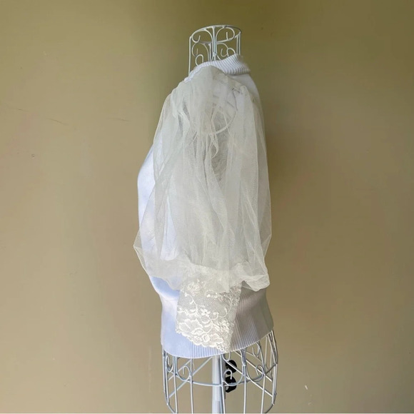 Garcia white sweater turtleneck, sheer puffed sleeves with lace cuffs size S - Picture 6 of 11